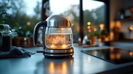 A glass kettle boiling water in a cozy kitchen setting.
