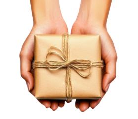 Hands holding gift box isolated on transparent background