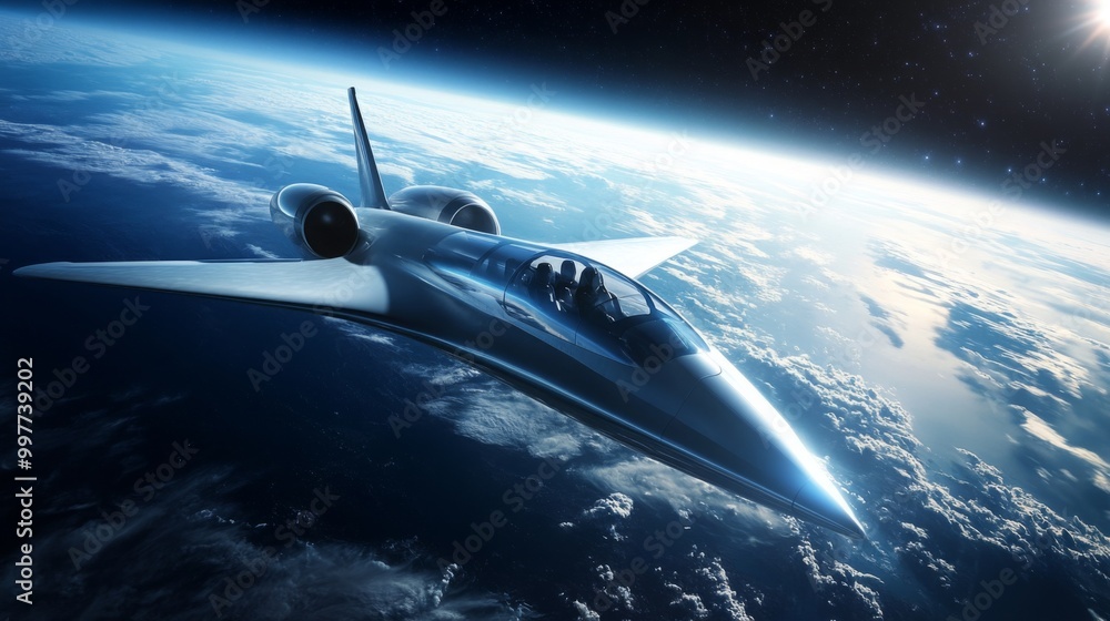 Poster a sleek, futuristic aircraft soars gracefully above the earth's atmosphere, glimmering in the light 
