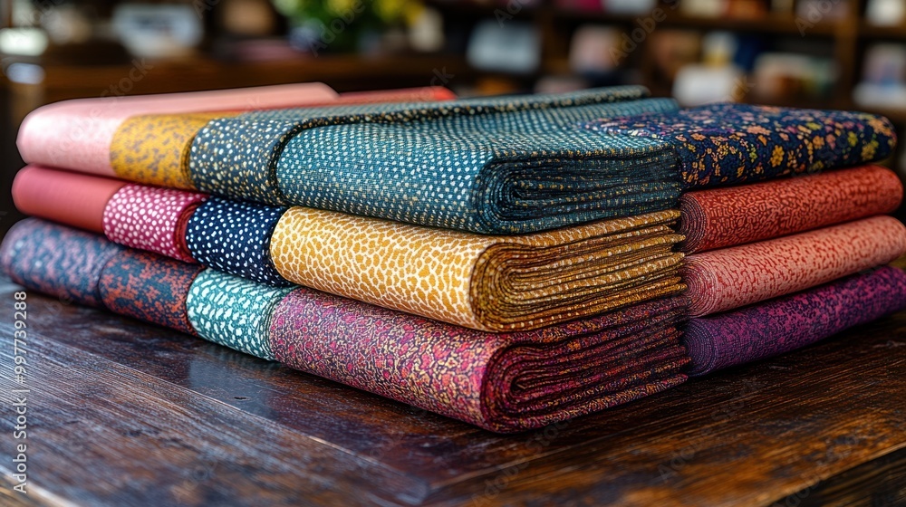 Poster a stack of colorful patterned fabrics neatly arranged on a table.