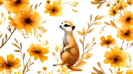 Cute meerkat sitting amongst a beautiful pattern of watercolor yellow flowers. Perfect for fabric, wallpaper, and other creative projects.