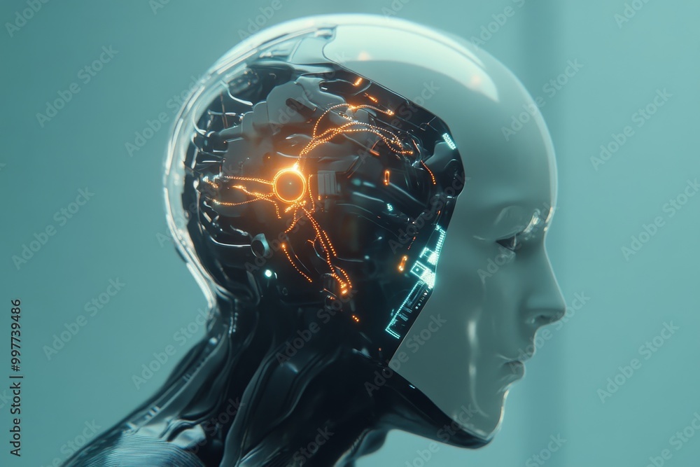 Poster digital rendering of an ai humanoid head with a glowing neural network and intricate circuits, showc