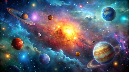 Naklejka premium A beautiful and colorful image of the galaxy in space with stars, planets, nebulae, and cosmic dust, galaxy, space, stars