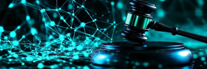 Digital Gavel and Podium with Abstract Network, symbolizing justice, technology, law, internet, and network.