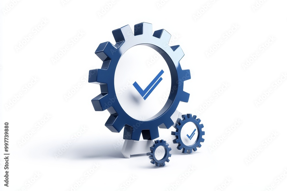 Poster gears of success: checkmarks indicate completion and efficiency, representing teamwork, productivity