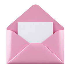 Illustration of an open pink envelope with blank white paper isolated on transparent background