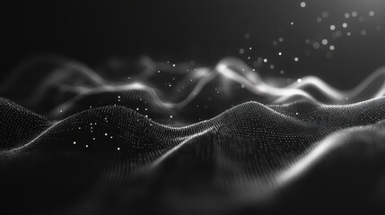 Abstract Black and White Digital Landscape with Glowing Particles