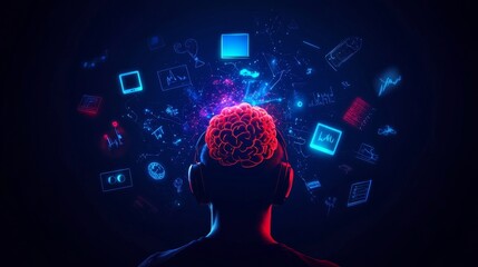 Mindfulness and Creativity: A Fusion of Thought and Inspiration.  An illustration depicting a human brain surrounded by digital elements symbolizing focus, mindfulness, creativity, innovation, and gro