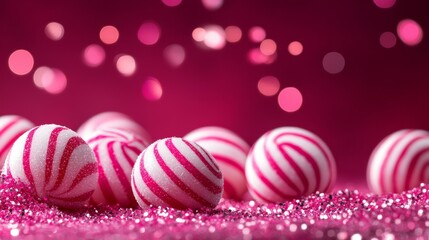 Fototapeta premium Pink and white striped candy balls on a bed of sparkling pink glitter, representing sweetness, joy, celebration, festivity, and indulgence.