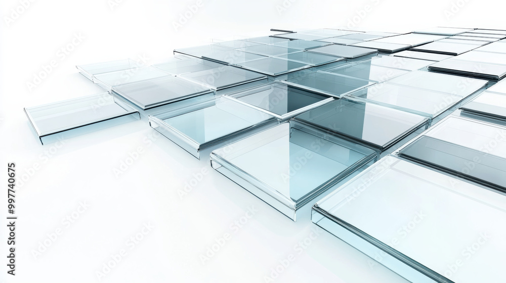 Poster modern minimalist 3d rendering of transparent glass panels arranged in grid pattern, showcasing slee
