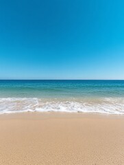 Fototapeta premium Serene Beach with Gentle Waves and Sandy Shore, a tranquil scene with clear blue sky, calming waves, and pristine sand, symbolizing peace, tranquility, relaxation, escapism, and nature.