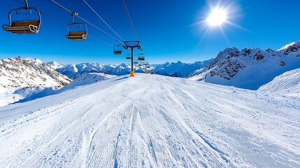 A stunning view of a snowy mountain landscape featuring chair lifts under a bright blue sky. Ideal for winter sports enthusiasts and nature lovers.
