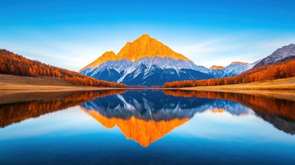Fototapeta premium Serene Harmony: Symmetrical Mountain Reflection in Pristine Lake - Balance in Nature Concept