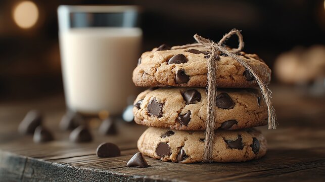 A stack of three chocolate chip cookies tied with twine, with a glass of milk in the background.