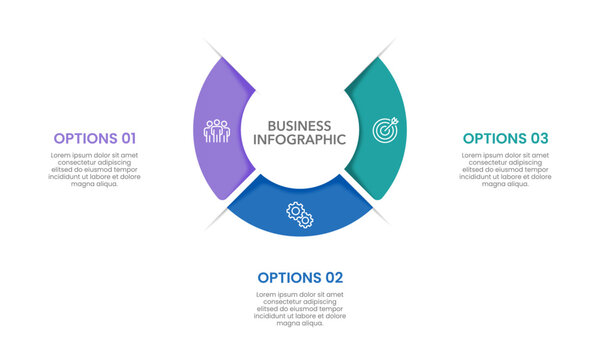 3 Business management options. Infographic semi circle design. Business presentation, Strategy, Marketing, Report, Data and Plan. Vector illustration.