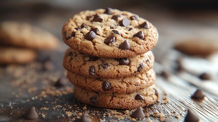 Fototapeta premium Close-up of a stack of four chocolate chip cookies on a wooden table.