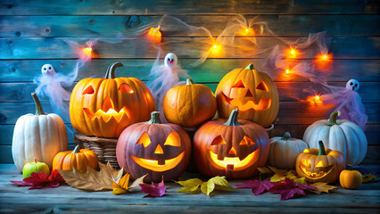 Fototapeta premium Halloween decorations featuring carved pumpkins and scared ghosts in yellow, pink, orange, and blue colors, Halloween, decorations
