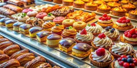 Assorted delectable pastries on display at a charming French bakery, pastries, French, shop, showcase, delicious