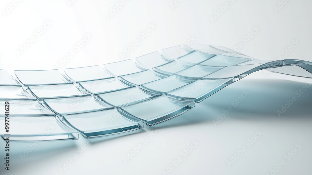 Poster innovative glass design showcasing flexible structure with interlocking panels, emphasizing modern a