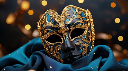 Elegant Venetian Carnival Mask on Blue Fabric with Golden Accents