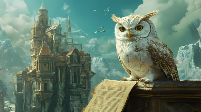 An owl wizard in a tower with ancient scrolls. outside building is a fantasy world. Wizard's Tower. Illustration