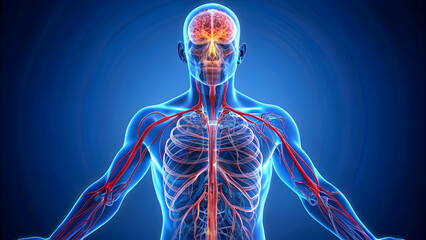 An anatomical of the human circulatory system, showing the brain, veins, kidneys, lungs, and blood , circulatory system