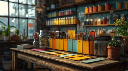 Obraz premium A cozy workspace filled with colorful stationery and plants.