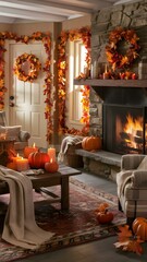 Obraz premium fireplace with fall decorations autumn decor fall decor 