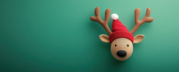 Fototapeta premium flat lay top view of minimalistic cartoon style reindeer head with antlers and red hat on green background