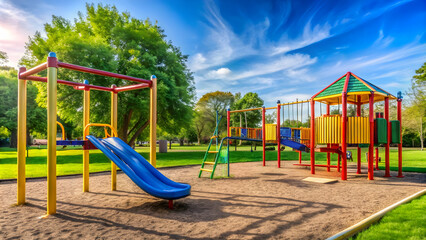 Vibrant playground with swings, slides, and monkey bars , vibrant, playground, swings, slides, monkey bars, children
