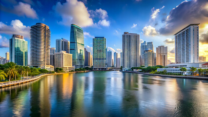 Obraz premium Skyline of downtown Miami and Miami River in Florida, Miami, skyline, downtown, urban, cityscape
