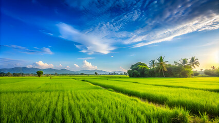 Obraz premium Lush green rice field under a clear blue sky, agriculture, landscape, farm, crop, rural, paddy, nature, growth, plantation
