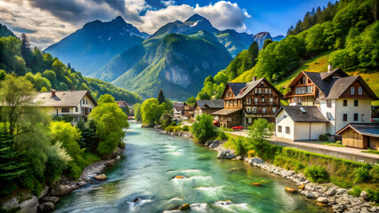 Fototapeta premium Idyllic mountain village with river , village, small, mountains, river, scenic, nature, serene, tranquil, peaceful