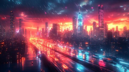 Obraz premium Rainy Neon Cityscape at Dusk Generative AI