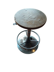 A swiveling bar stool with a round wooden seat and a metal base. The seat has some wear and tear.
