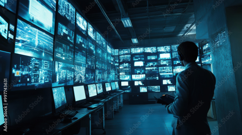 Poster person stands in high tech monitoring room, surrounded by multiple screens displaying advanced surve
