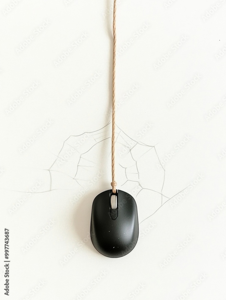 Poster minimalist creative graph of computer mouse as spider on web – halloween technology theme