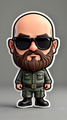 Cartoon character with a bald head and beard in a green military outfit wearing sunglasses on a neutral background