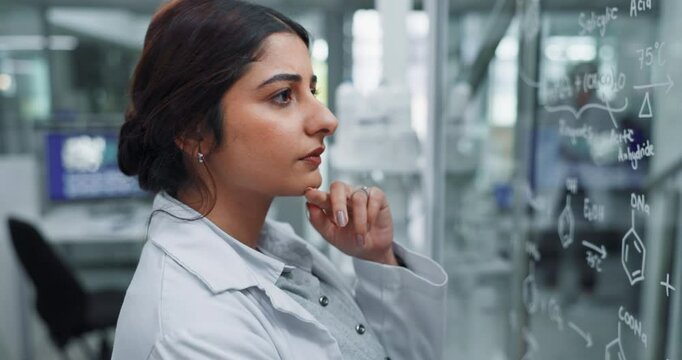 Woman, thinking and glass or chemistry formula, experimental chemist and brainstorming or balancing equation. Medical idea, planning and life extension drug, innovation study and solution development