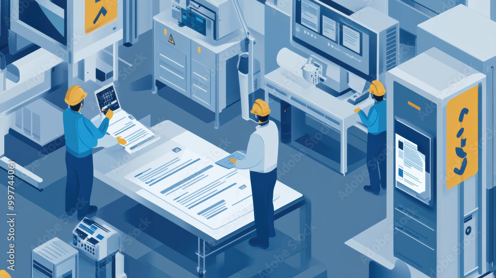 Poster efficient teams utilize digital compliance checklists in modern workspace, ensuring streamlined proc
