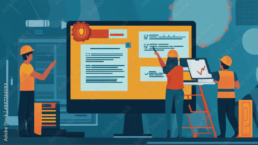 Poster digital compliance checklists guiding teams through project management. illustration showcases colla