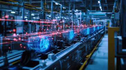 Fototapeta premium image showcases modern manufacturing facility with IoT devices collecting real time data to optimize production processes, creating futuristic atmosphere