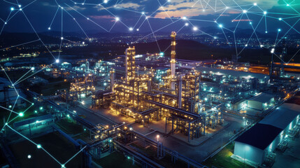 image showcases modern industrial facility illuminated at dusk, with network of connected lines symbolizing IoT technology. This scene reflects integration of real time data collection in optimizing