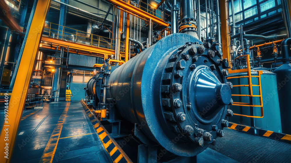 Poster industrial machinery in factory setting showcases advanced engineering and technology. large equipme