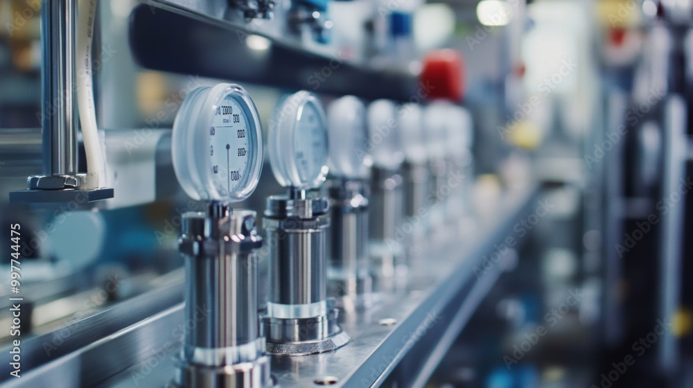 Poster high quality pressure gauges are displayed in modern industrial setting, showcasing precision and re