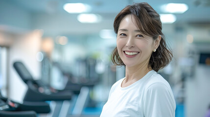 トレーニングジムで笑顔の中年のアジア人女性