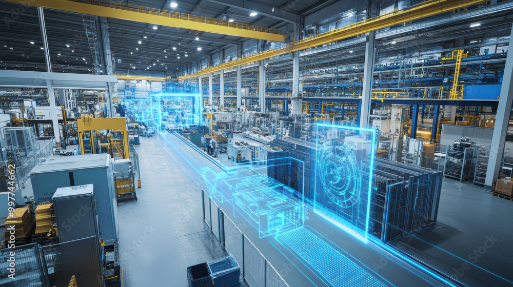 Poster modern industrial facility showcasing smart sensors detecting anomalies in equipment, enhancing oper