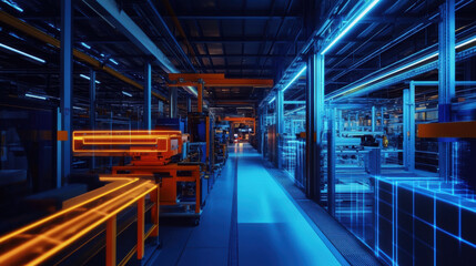 Fototapeta premium modern industrial facility showcasing advanced technology with smart sensors detecting anomalies in equipment. vibrant blue and orange lighting enhances futuristic atmosphere