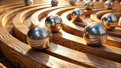 Obraz premium Sunlit animation of marbled and metallic spheres racing down a wooden labyrinth, , animation, sunlit, spheres, marbled