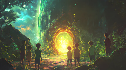 Children gather around a glowing portal in a magical world. Mythical Portal. Illustration